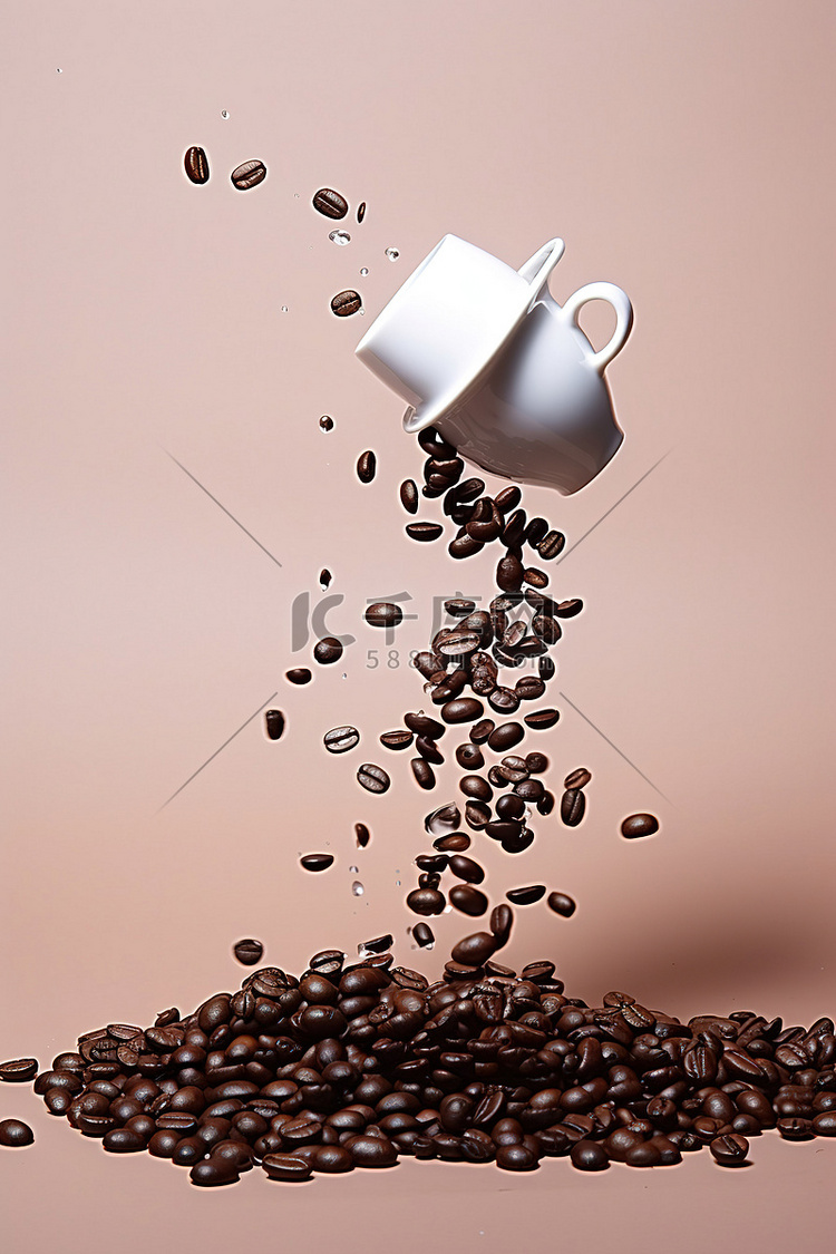 咖啡豆从白咖啡杯中掉落