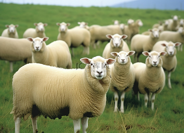 一群羊站在牧场的绿草上