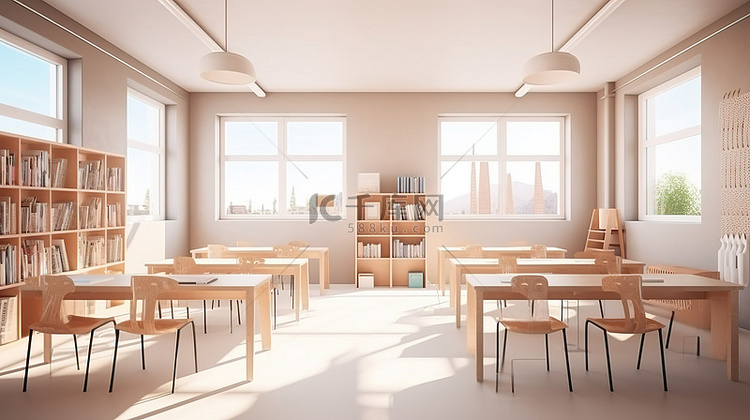 现代教室与浅色调室内 3D 渲染