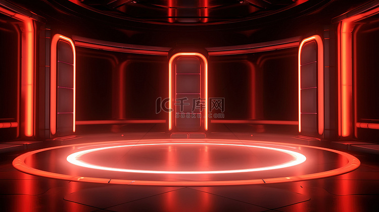 未来科幻房间中空荡荡的红色霓虹