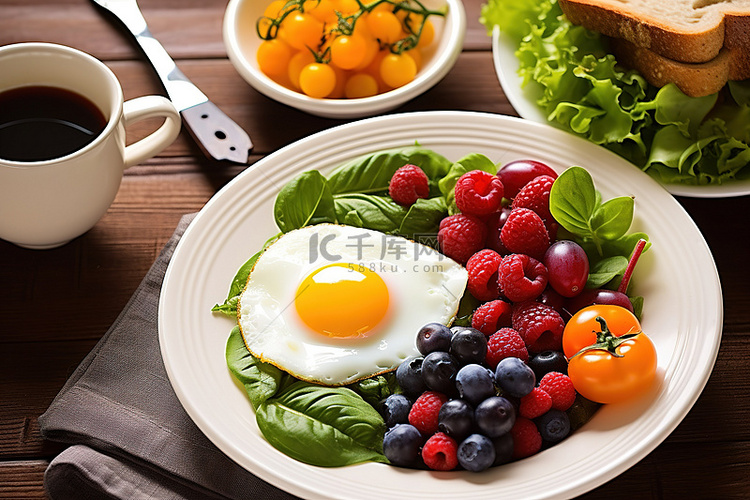 白盘上的早餐，包括鸡蛋水果和蔬