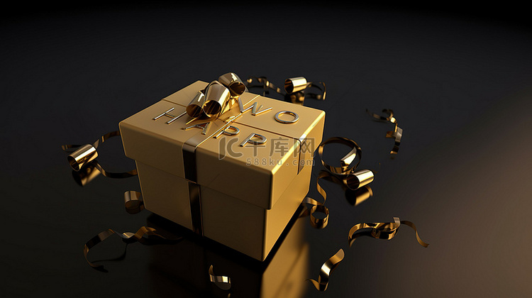 金色主题礼品盒，新年快乐文本浮