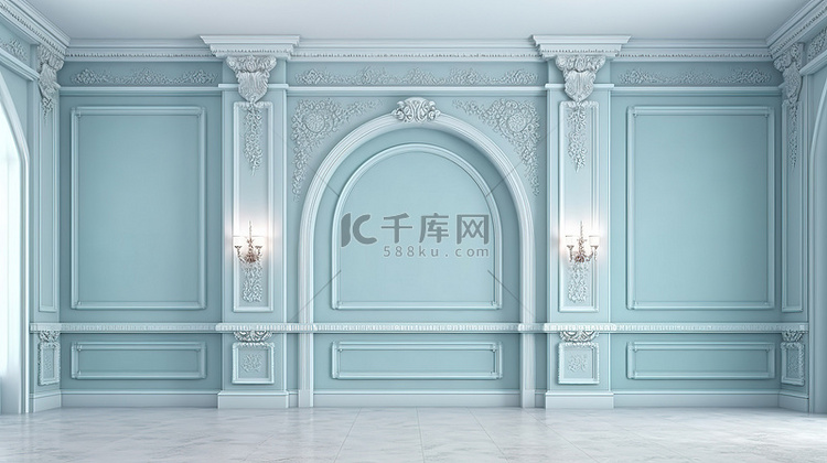 浅蓝色墙壁造型设计和地板的内部