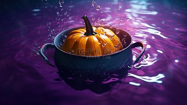 紫色大锅在水中煮橙色南瓜，3D