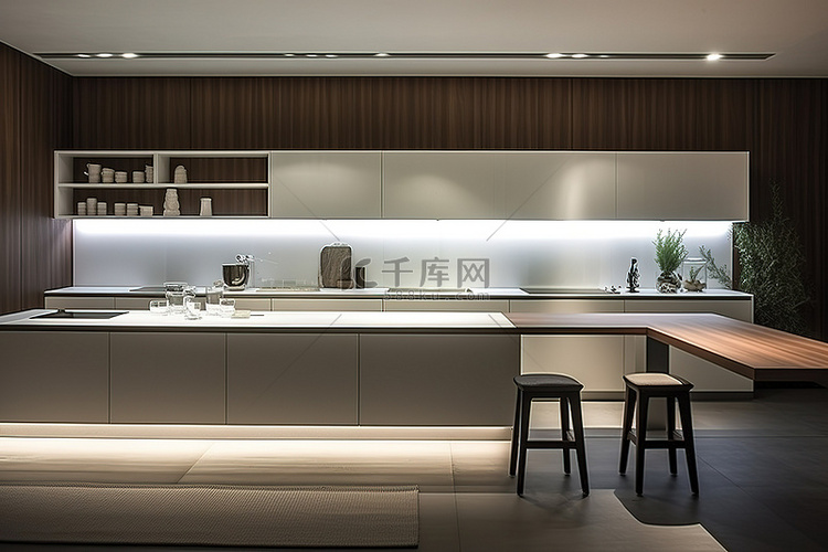 现代厨房配有带灯的白色橱柜