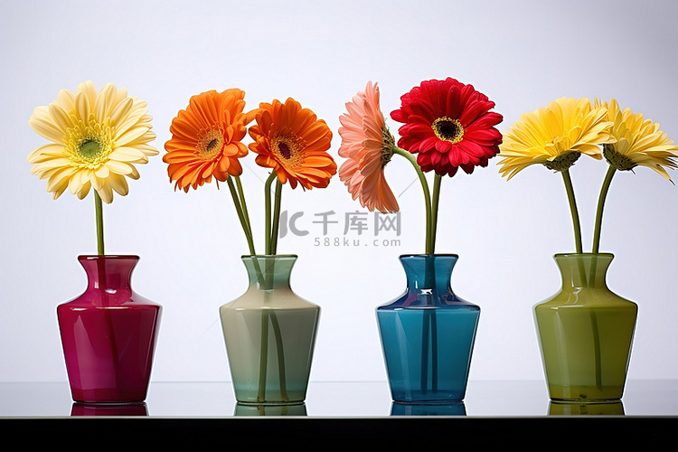 不同颜色的花插在不同的花瓶里