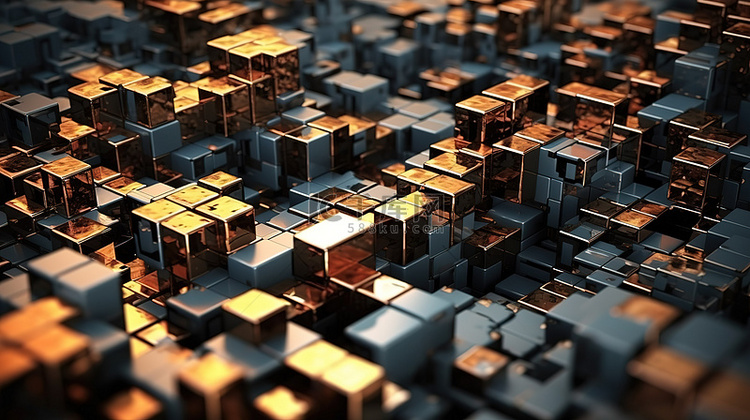 动态金属块的超现实 3D 渲染插图