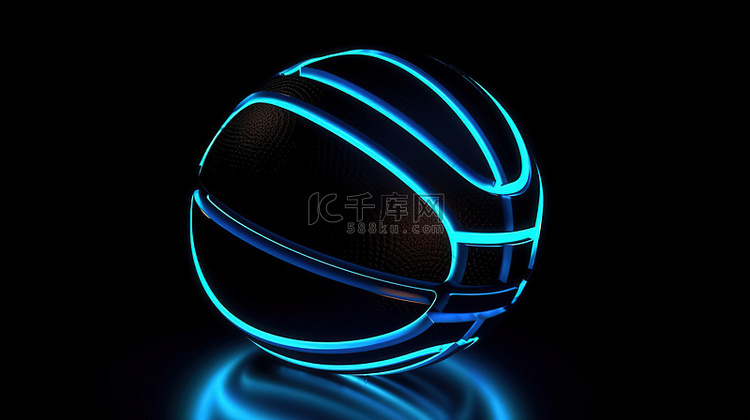 黑色篮球在黑暗背景下的 3D 