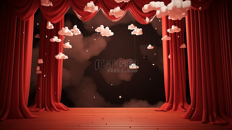 甜美的红色窗帘悬挂着纸云和 3