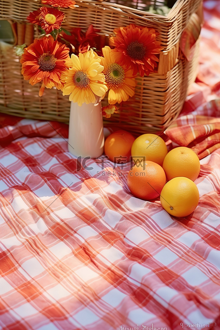 一个野餐篮，上面有水果和鲜花