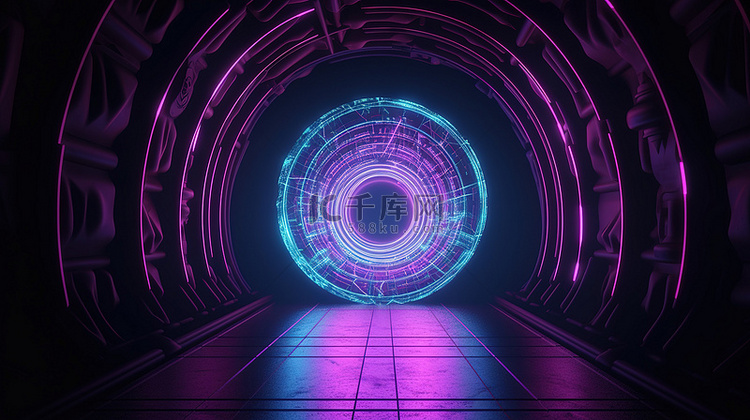 神秘隧道中带有紫色装饰的发光圆