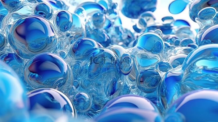 抽象蓝色气泡和气球的 3d 渲染