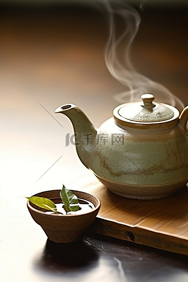 一个茶壶倒入热水和茶叶