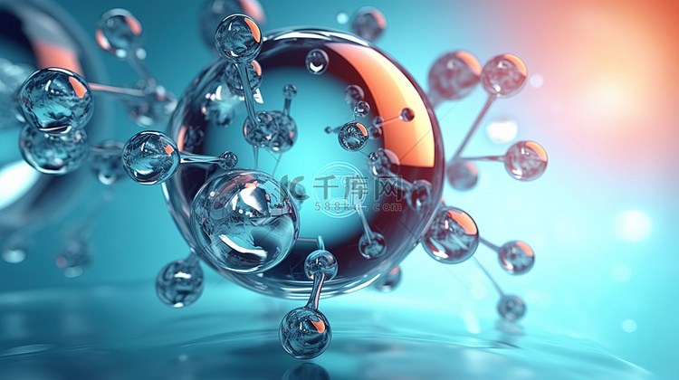 水背景上分子的流体气泡 3D 