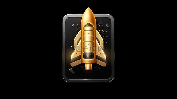 金色火箭发射图标的 3D 渲染