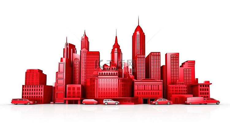 白色背景下红色城市交叉的 3d