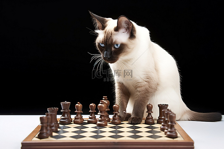 白色背景下下棋的暹罗猫