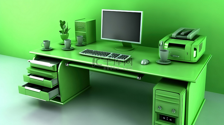 带有电脑的绿色办公桌的 3D 插图