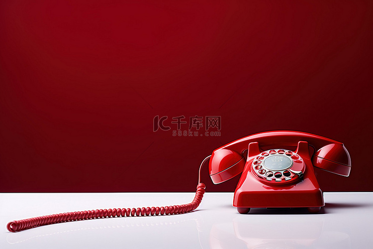 桌子上放着一部旧的红色电话和红
