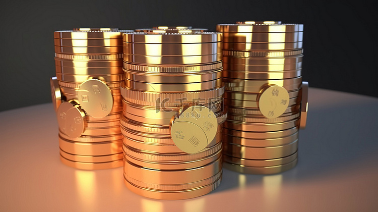 3D 中的成堆硬币和纸币代表商