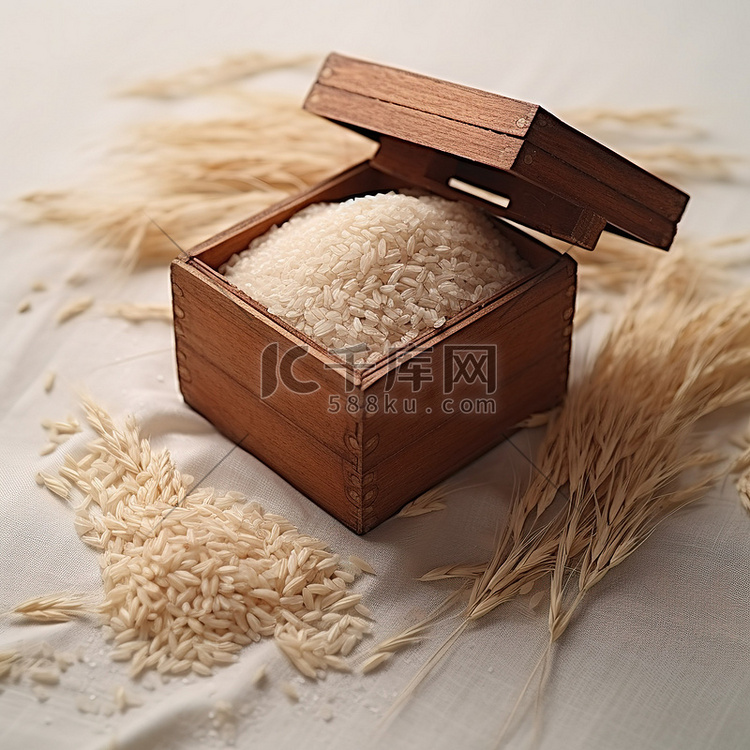 白色表面上的一盒干糙米