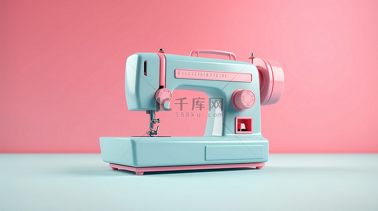 蓝色背景下粉红色调的现代缝纫机