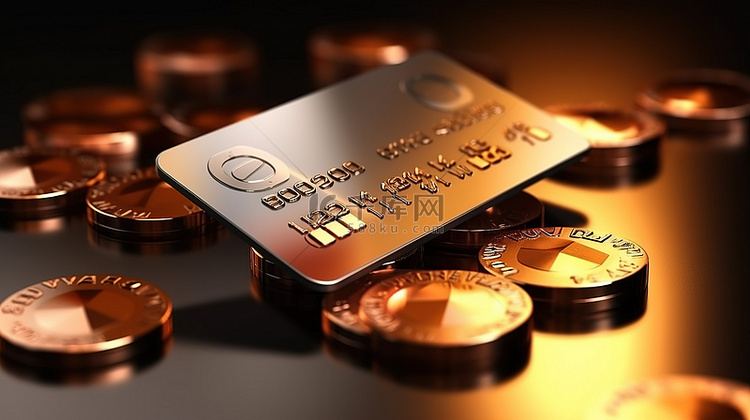 硬币和信用卡的 3D 渲染插图