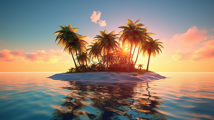 海洋日落中棕榈覆盖的岛屿的热带
