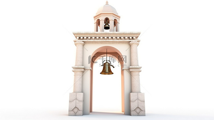 白色钟楼吊钟和拱门的 3D 渲染