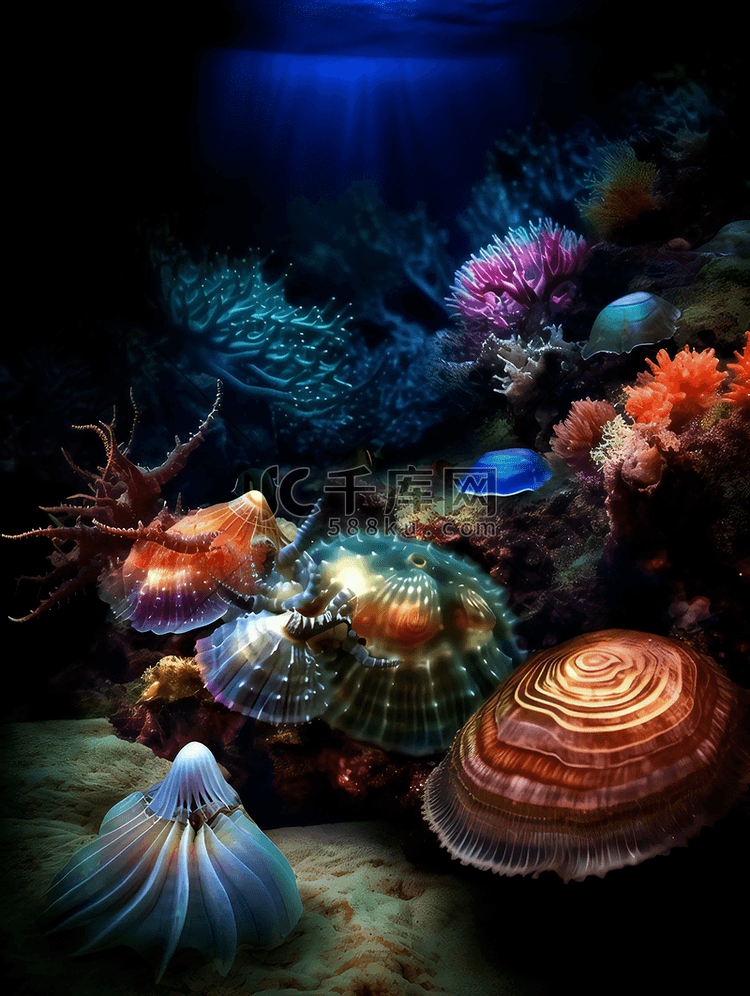 五颜六色珊瑚水母海底世界广告背