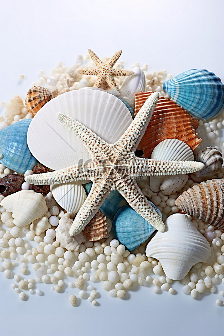 白色和蓝色的贝壳和透明壳中的海