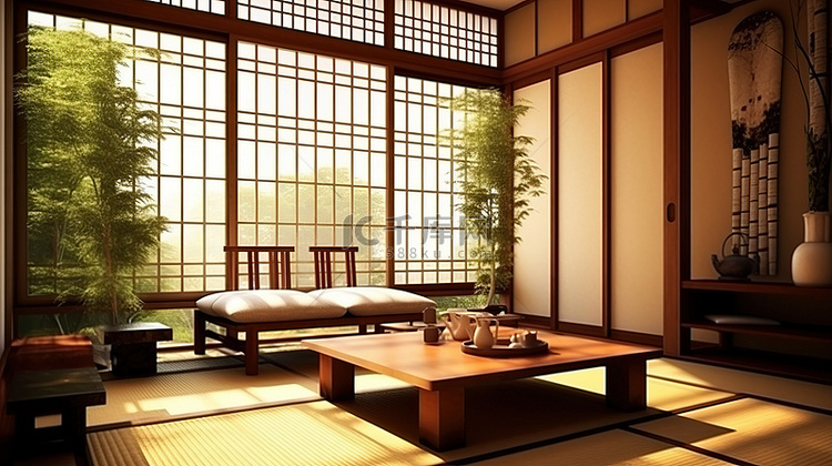 日本风格的房间设计 3D 渲染