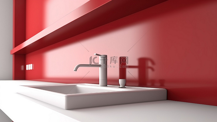 单色红色厨房柜台的 3D 渲染