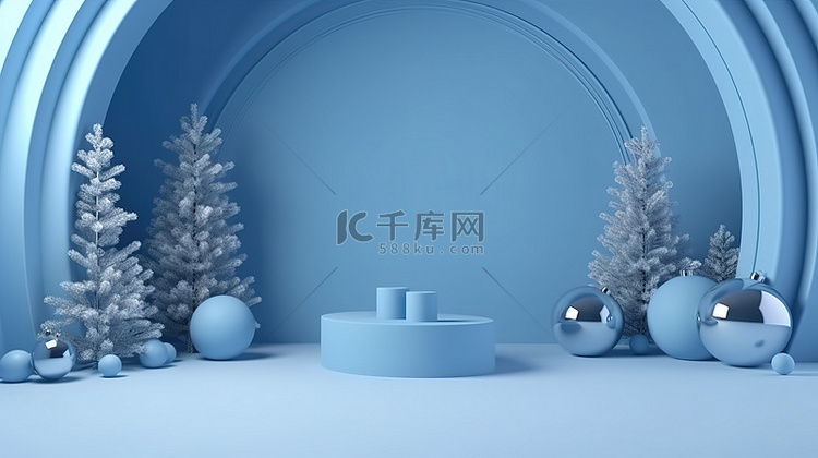 冬季仙境 3D 蓝色讲台，圣诞