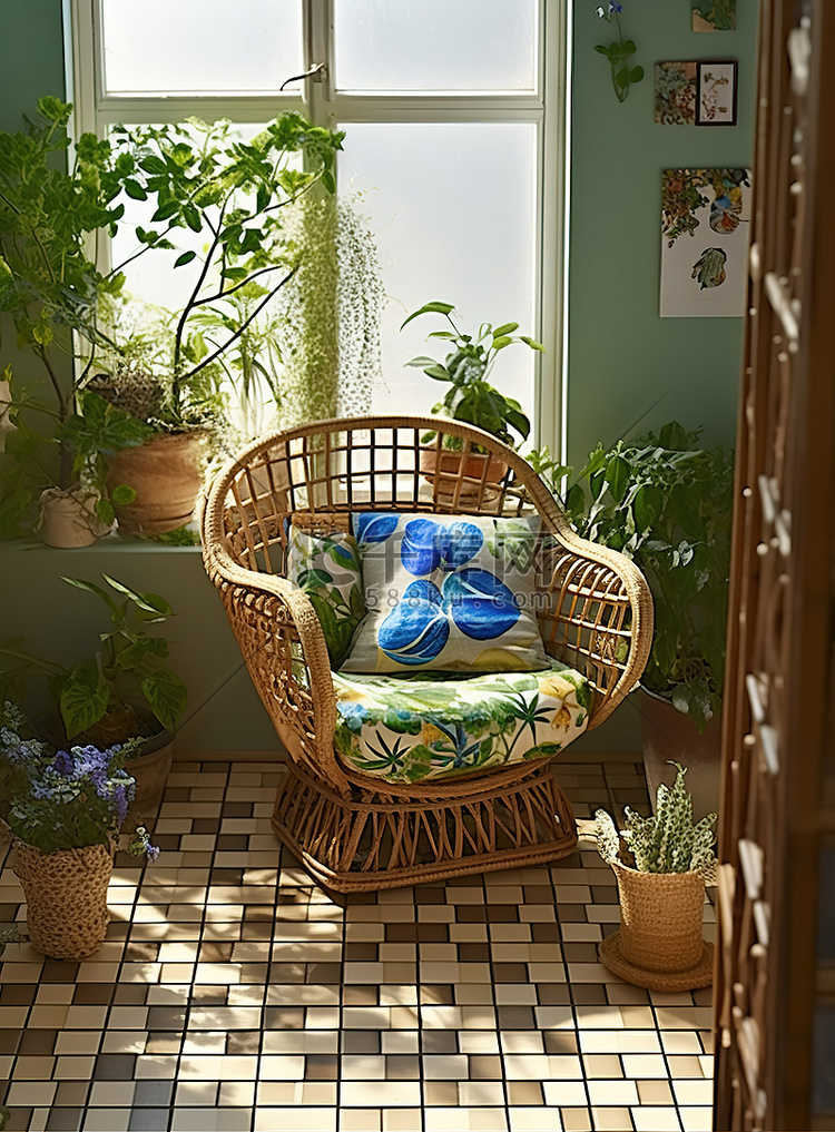 客厅里的一把藤椅和植物