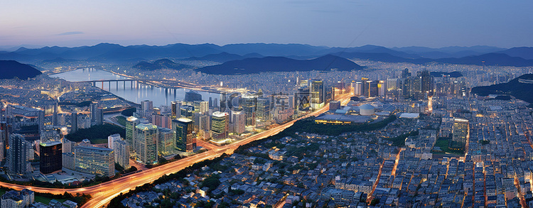 显示了傍晚时分首尔城市的鸟瞰图