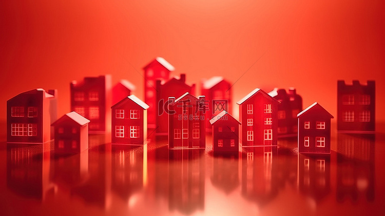 孤立的红色背景与一组模糊房屋的