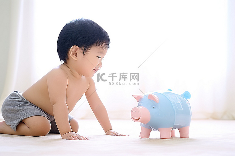 一个孩子在玩蓝色小猪和小猪玩具