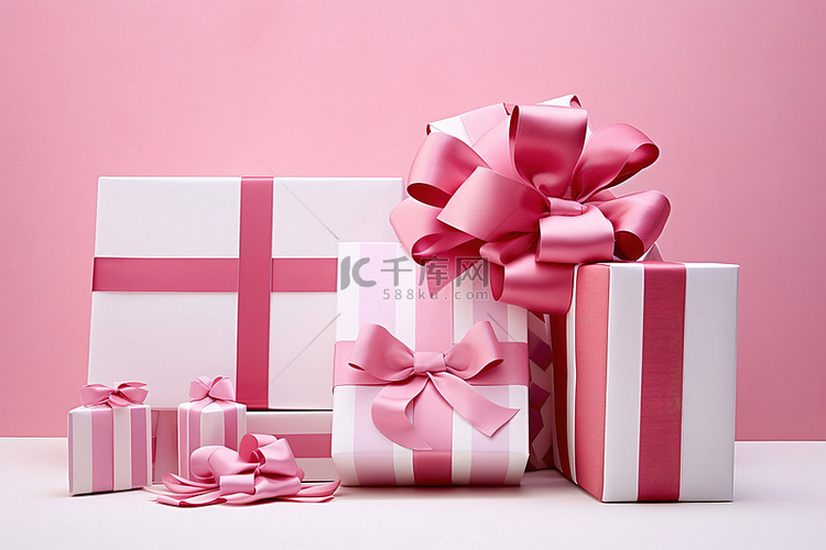 粉色和白色的丝带蝴蝶结和礼品盒