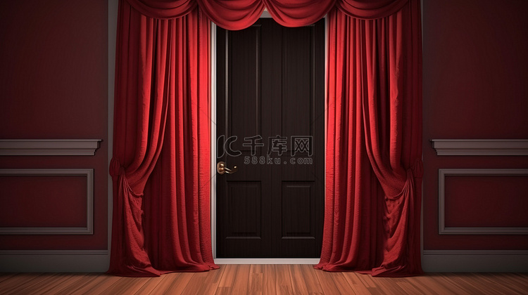3d 渲染中的红色窗帘装饰木门
