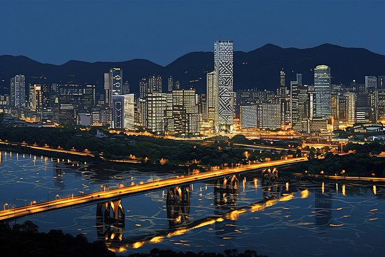 韩国一座灯火通明的城市的夜晚场