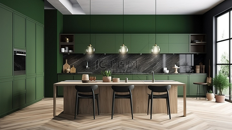 带有木材和绿色元素的现代厨房和