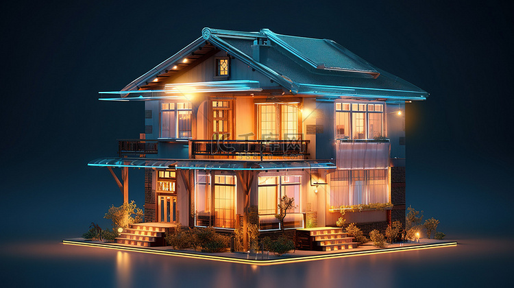 从低角度捕获的发光 3D 房屋模型