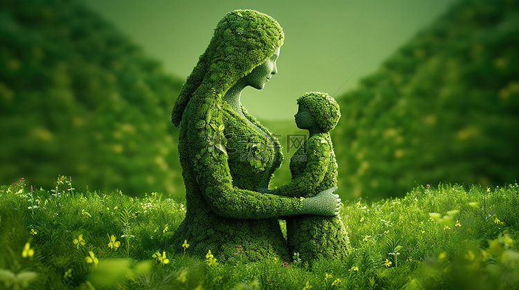 郁郁葱葱的绿草中雕刻的地球母亲