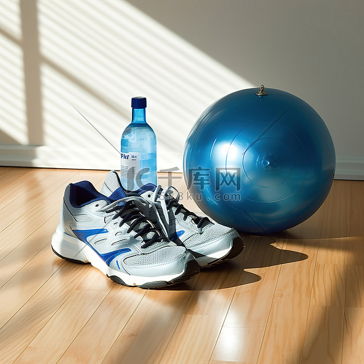 一双跑鞋和瓶子旁边的健身球