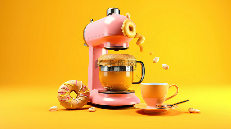 3D 渲染咖啡机插图，黄色背景