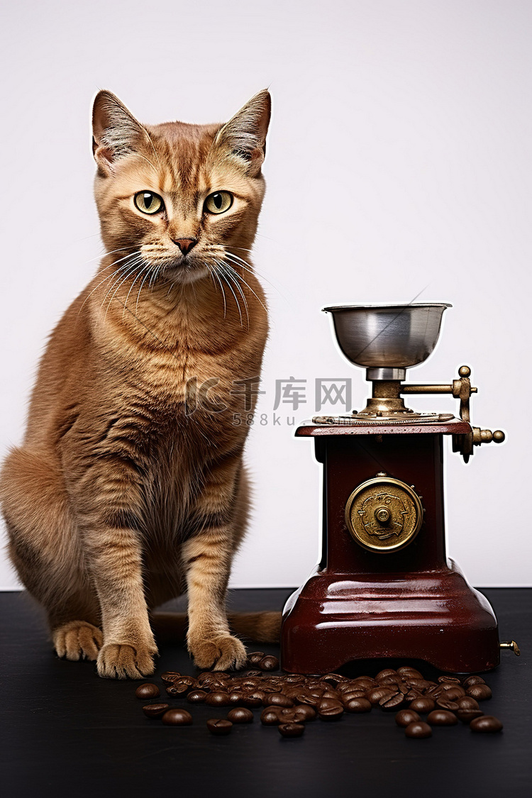 一只猫站在咖啡研磨机旁边