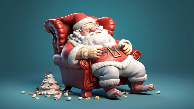 欢快的圣诞老人在椅子上放松，非