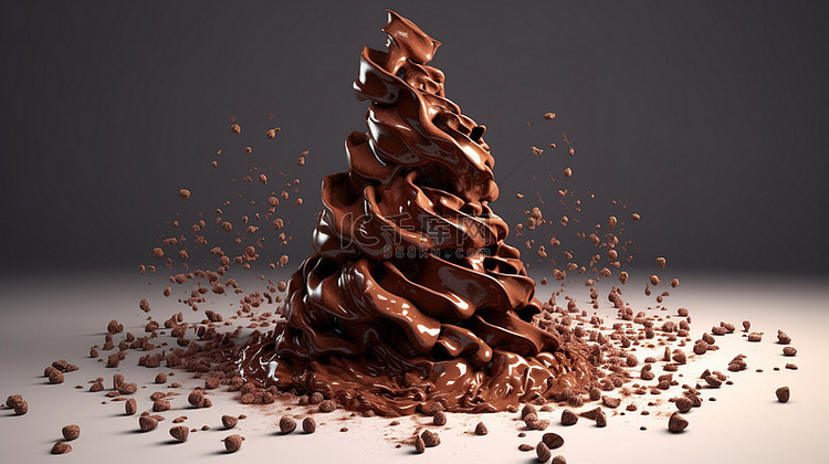 扭曲的黑巧克力片飞溅的 3D 插图