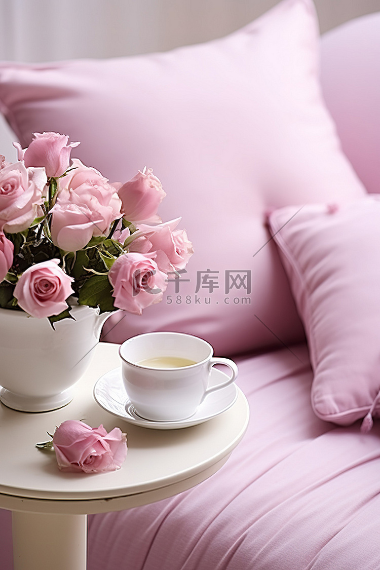 一张沙发，配有粉色坐垫粉色玫瑰